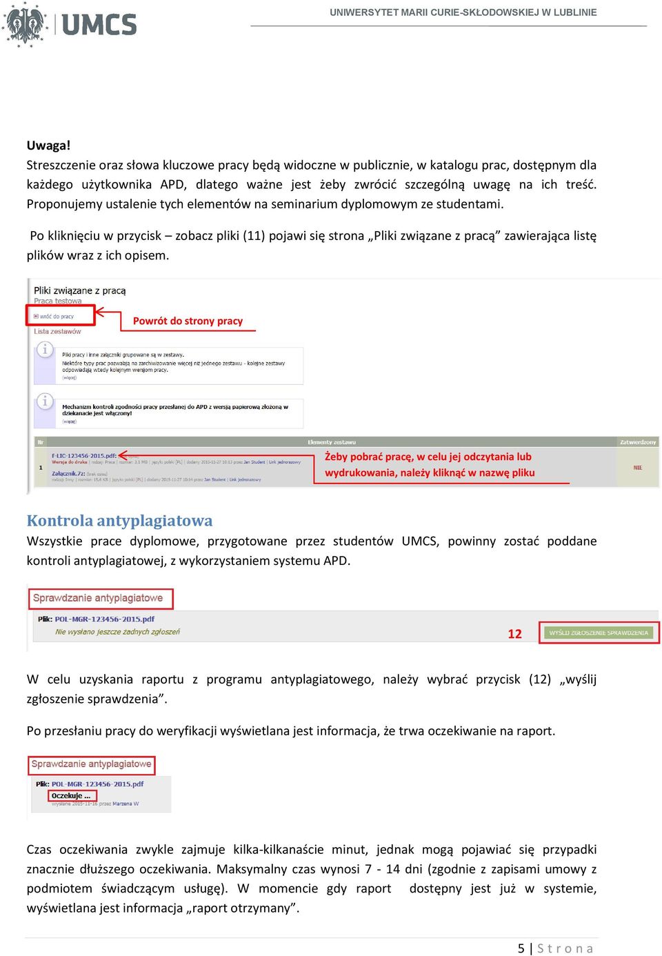 Po kliknięciu w przycisk zobacz pliki (11) pojawi się strona Pliki związane z pracą zawierająca listę plików wraz z ich opisem.