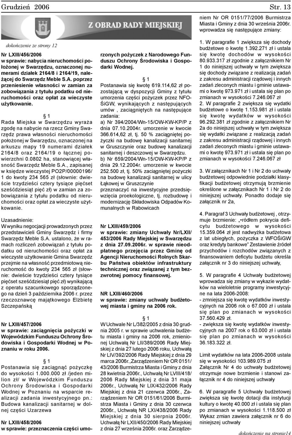 Rada Miejska w Swarzêdzu wyra a zgodê na nabycie na rzecz Gminy Swarzêdz prawa w³asnoœci nieruchomoœci po³o onej w Swarzêdzu, oznaczonej na arkuszu mapy 19 numerami dzia³ek 2164/8 oraz 2164/19 o