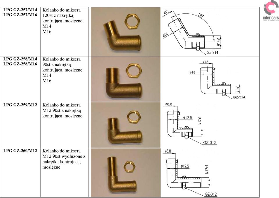 mosięŝne M14 M16 LPG GZ-259/M12 Kolanko do miksera M12 90st z nakrętką kontrującą,