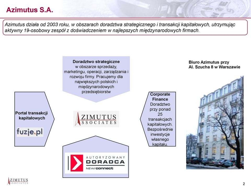 Portal transakcji kapitałowych Doradztwo strategiczne w obszarze sprzedaży, marketingu, operacji, zarządzania i rozwoju firmy.