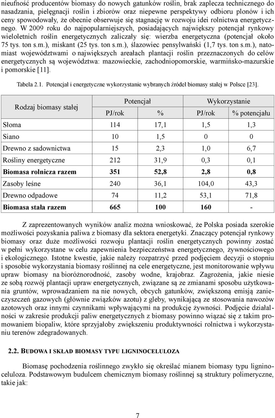 W 2009 roku do najpopularniejszych, posiadających największy potencjał rynkowy wieloletnich roślin energetycznych zaliczały się: wierzba energetyczna (potencjał około 75 tys. ton s.m.