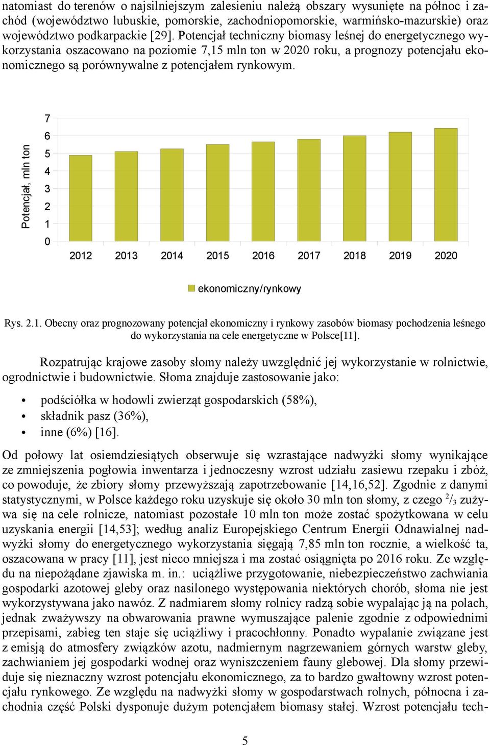 7 Potencjał, mln ton 6 5 4 3 2 1 0 2012 2013 2014 2015 2016 2017 2018 2019 2020 ekonomiczny/rynkowy Rys. 2.1. Obecny oraz prognozowany potencjał ekonomiczny i rynkowy zasobów biomasy pochodzenia leśnego do wykorzystania na cele energetyczne w Polsce[11].