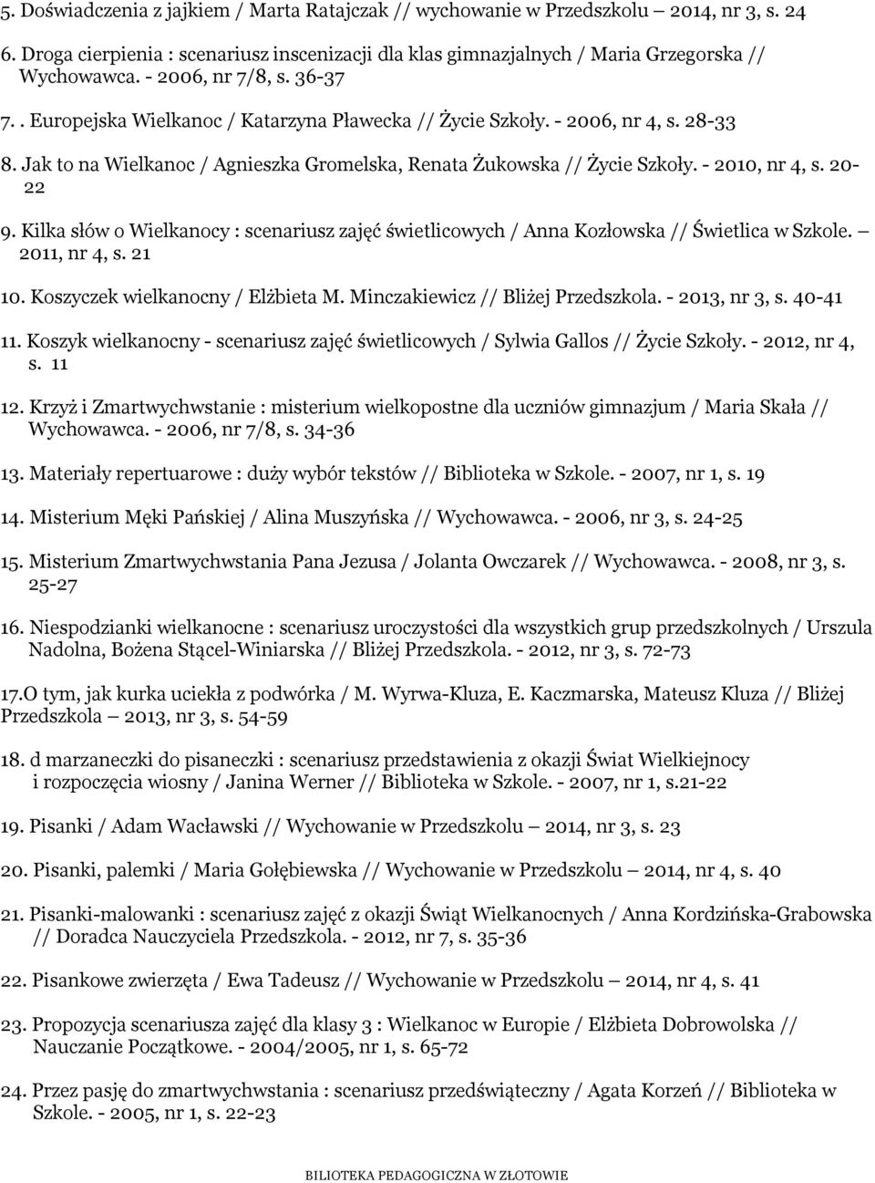 - 2010, nr 4, s. 20-22 9. Kilka słów o Wielkanocy : scenariusz zajęć świetlicowych / Anna Kozłowska // Świetlica w Szkole. 2011, nr 4, s. 21 10. Koszyczek wielkanocny / Elżbieta M.