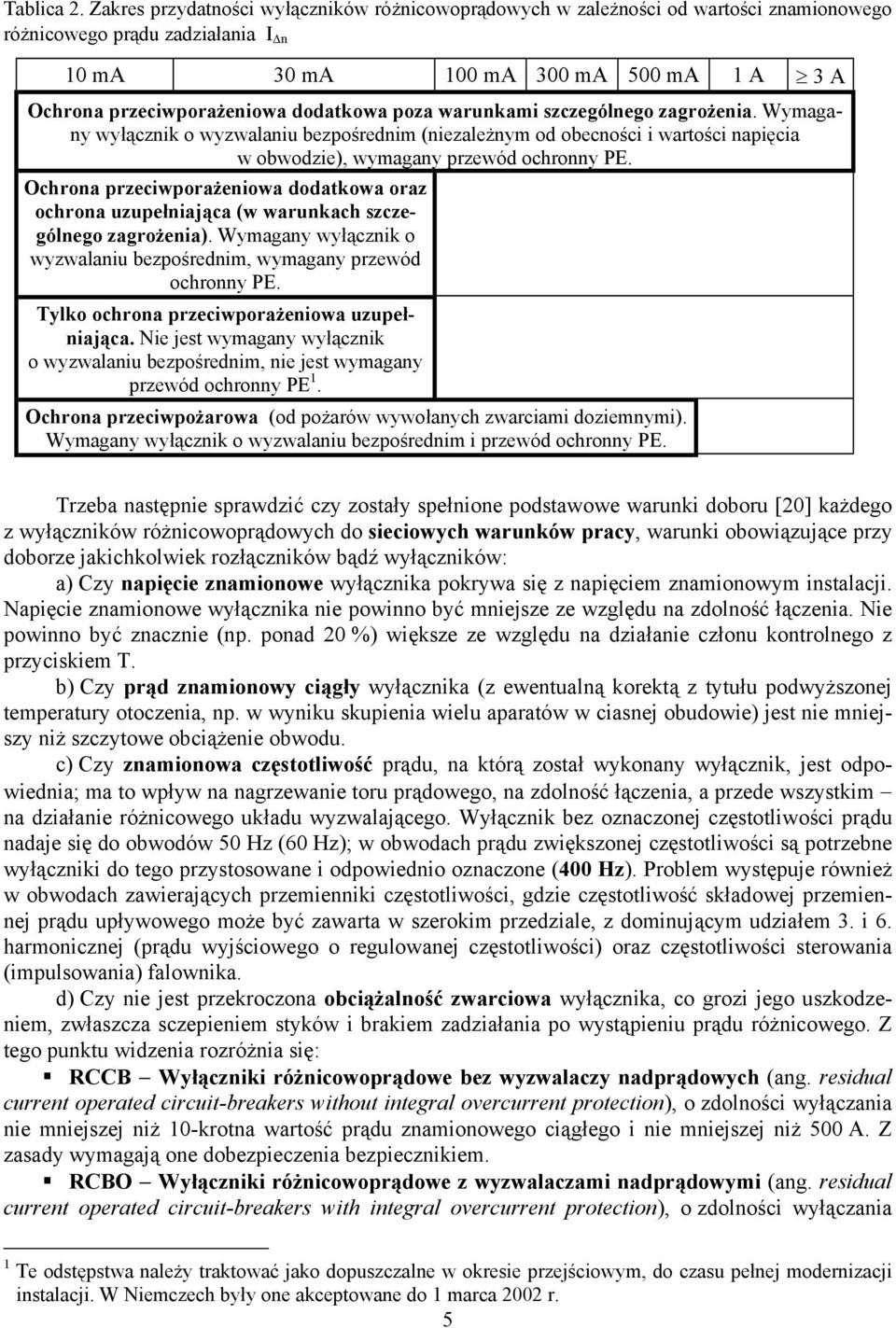 dodatkowa poza warunkami szczególnego zagrożenia. Wymagany wyłącznik o wyzwalaniu bezpośrednim (niezależnym od obecności i wartości napięcia w obwodzie), wymagany przewód ochronny PE.