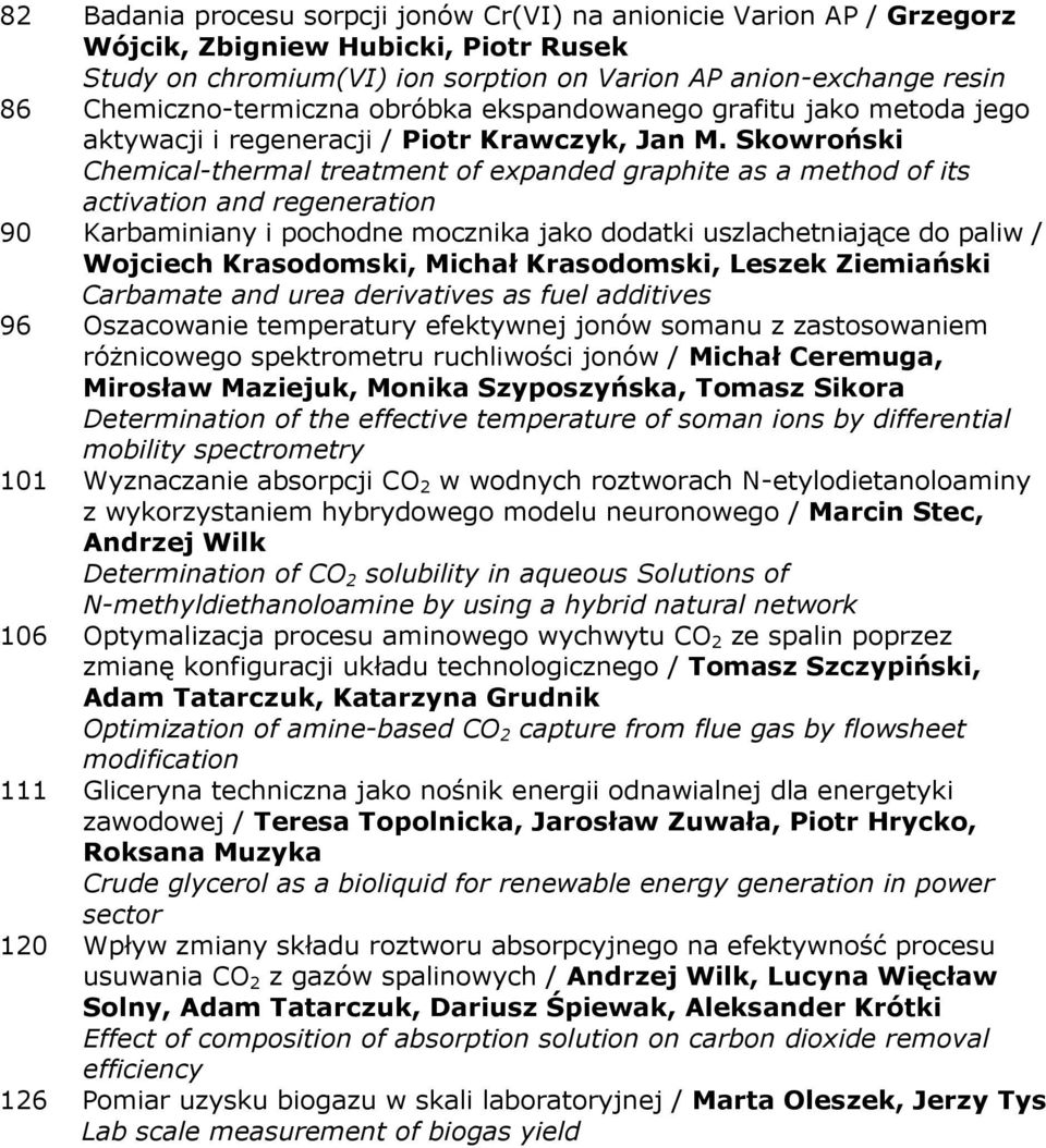 Skowroński Chemical-thermal treatment of expanded graphite as a method of its activation and regeneration 90 Karbaminiany i pochodne mocznika jako dodatki uszlachetniające do paliw / Wojciech