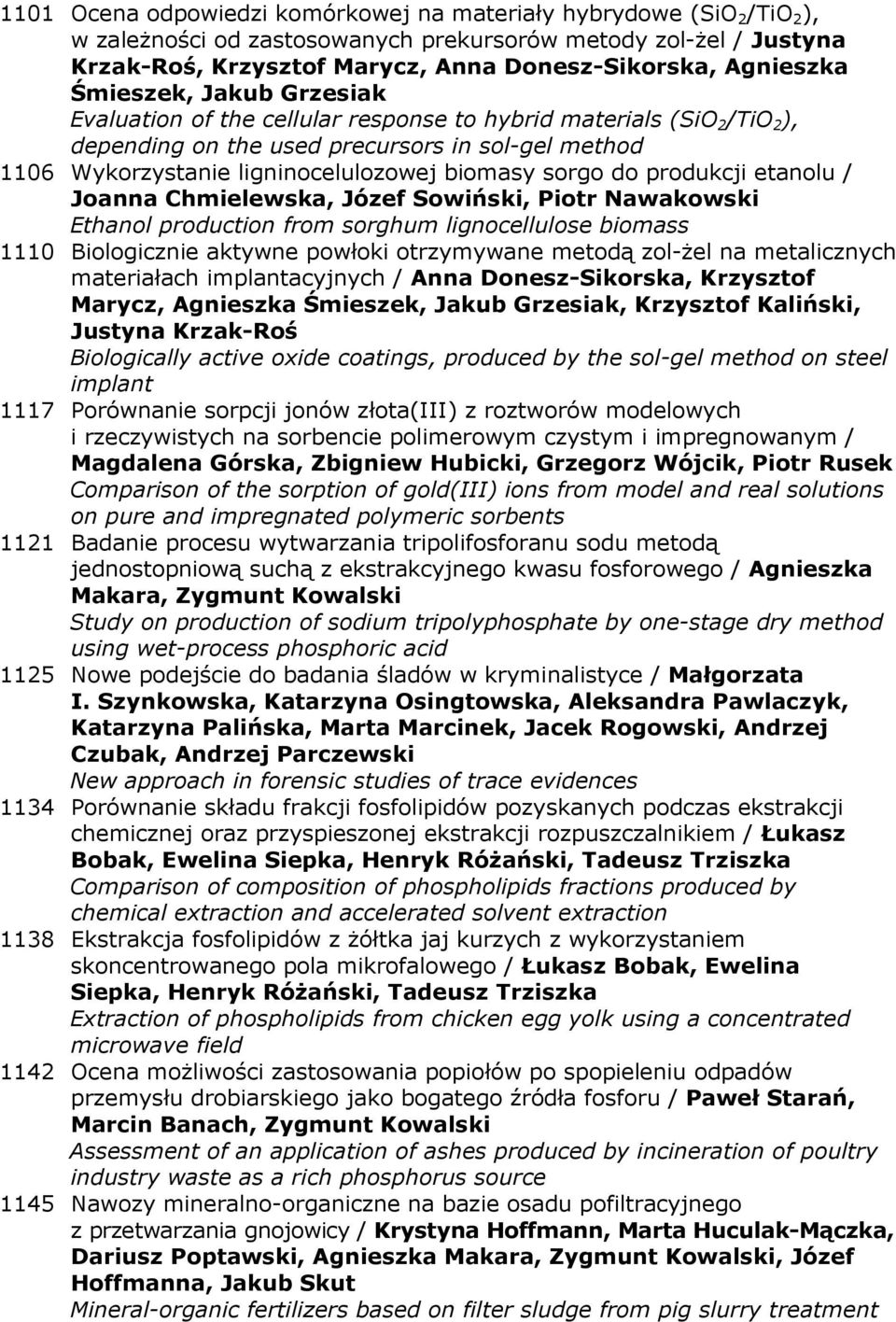 biomasy sorgo do produkcji etanolu / Joanna Chmielewska, Józef Sowiński, Piotr Nawakowski Ethanol production from sorghum lignocellulose biomass 1110 Biologicznie aktywne powłoki otrzymywane metodą