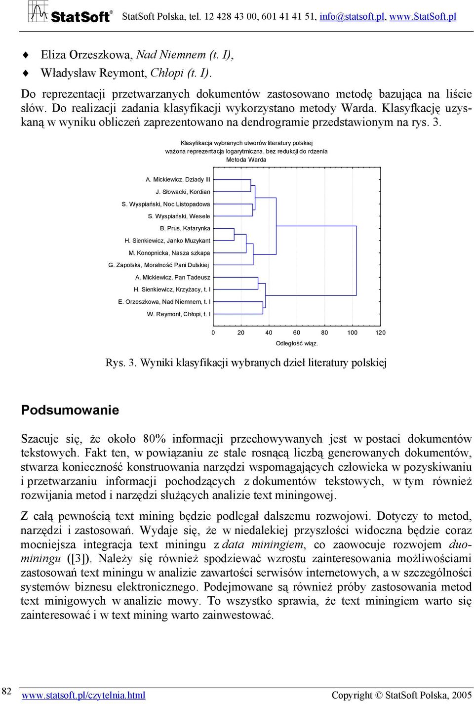 Klasyfikacja wybranych utworów literatury polskiej ważona reprezentacja logarytmiczna, bez redukcji do rdzenia Metoda Warda A. Mickiewicz, Dziady III J. Słowacki, Kordian S.