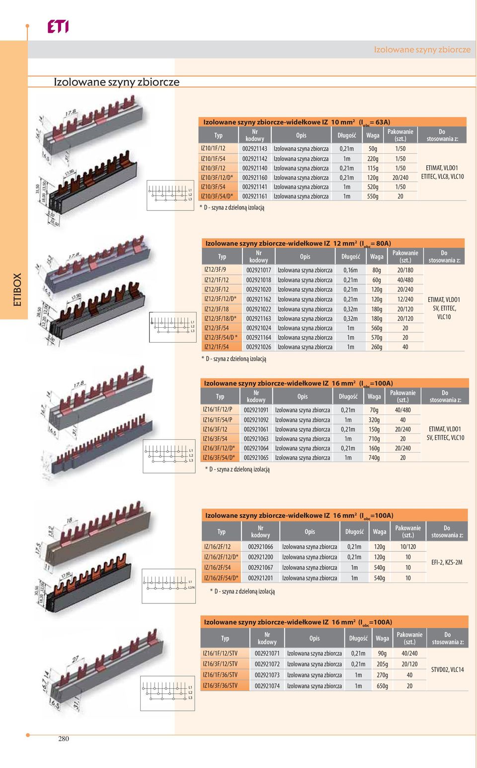 002921141 Izolowana szyna zbiorcza 1m 520g 1/50 IZ10/3F/54/D* 002921161 Izolowana szyna zbiorcza 1m 550g 20 * D - szyna z dzieloną izolacją ETIMAT, VLDO1 ETITEC, VLC8, VLC10 L2 L3 Izolowane szyny