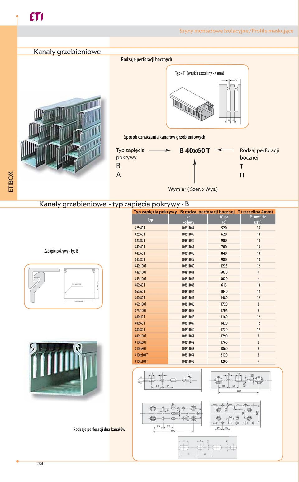 ) Rodzaj perforacji bocznej T H Kanały grzebieniowe - typ zapięcia pokrywy - B Zapięcie pokrywy - typ B zapięcia pokrywy - B; rodzaj perforacji bocznej - T (szczelina 4mm) (g) B 25x40 T 003911034 520