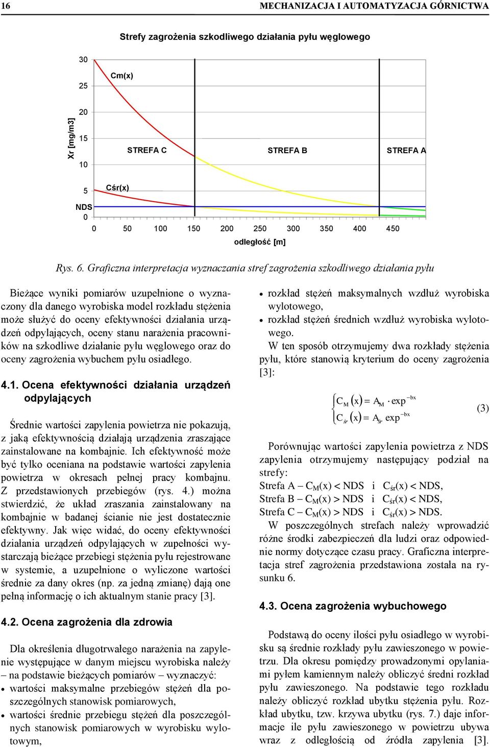 Graficzna interpretacja wyznaczania stref zagrożenia szkodliwego działania pyłu Bieżące wyniki pomiarów uzupełnione o wyznaczony dla danego wyrobiska model rozkładu stężenia może służyć do oceny