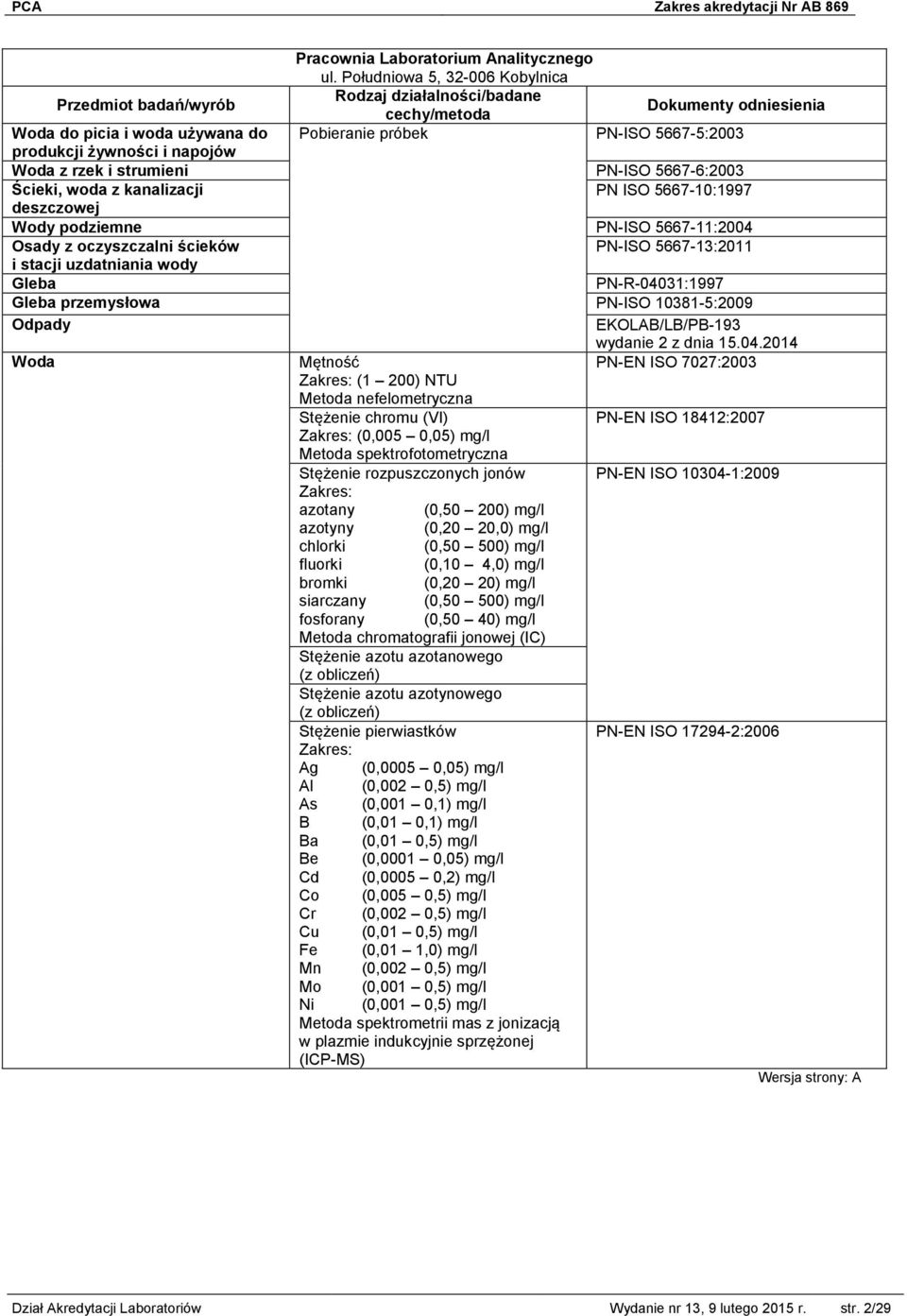 PN ISO 5667-10:1997 deszczowej Wody podziemne PN-ISO 5667-11:2004 Osady z oczyszczalni ścieków PN-ISO 5667-13:2011 i stacji uzdatniania wody Gleba PN-R-04031:1997 Gleba przemysłowa PN-ISO