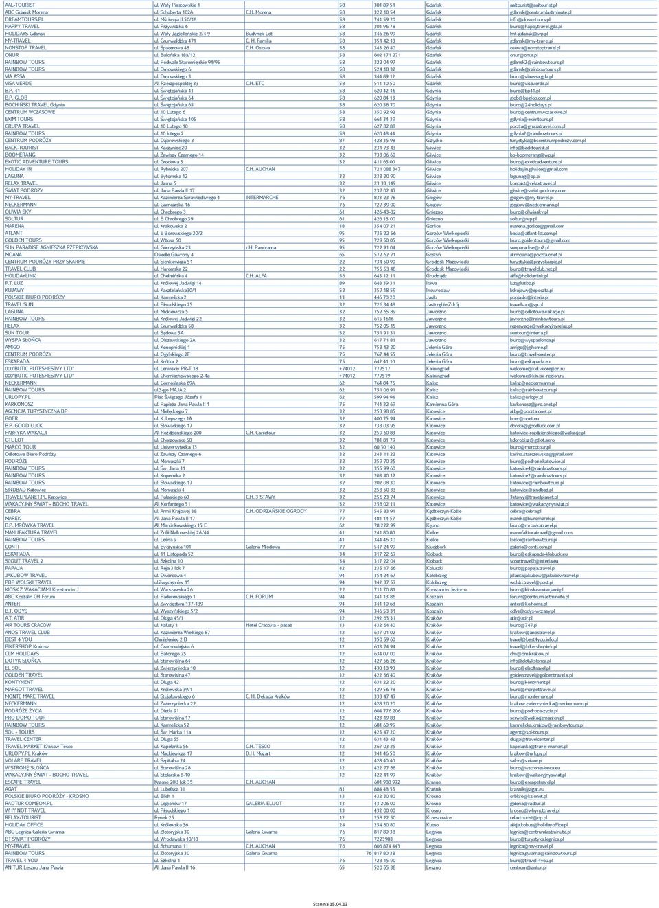 Wały Jagiellońskie 2/4 9 Budynek Lot 58 346 26 99 Gdańsk lmt-gdansk@wp.pl MY-TRAVEL ul. Grunwaldzka 471 C. H. Familia 58 351 42 13 Gdańsk gdansk@my-travel.pl NONSTOP TRAVEL ul. Spacerowa 48 C.H. Osowa 58 343 26 40 Gdańsk osowa@nonstoptravel.