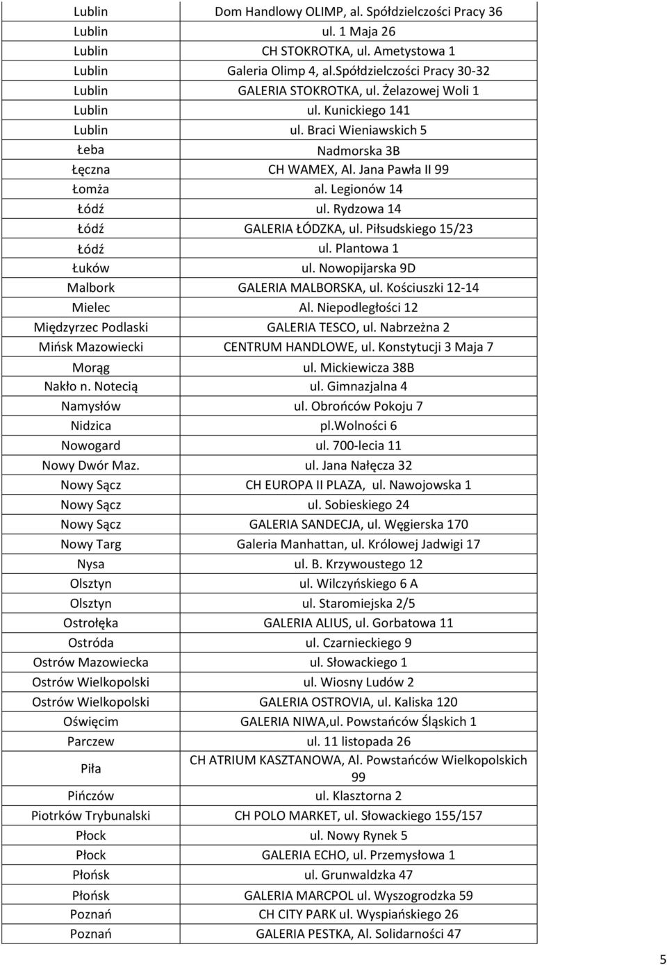 Piłsudskiego 15/23 Łódź ul. Plantowa 1 Łuków ul. Nowopijarska 9D Malbork GALERIA MALBORSKA, ul. Kościuszki 12-14 Mielec Al. Niepodległości 12 Międzyrzec Podlaski GALERIA TESCO, ul.