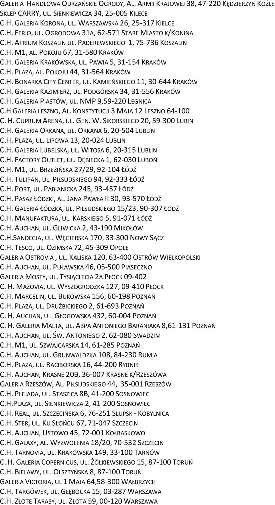 POKOJU 44, 31-564 KRAKÓW C.H. BONARKA CITY CENTER, UL. KAMIEŃSKIEGO 11, 30-644 KRAKÓW C.H. GALERIA KAZIMIERZ, UL. PODGÓRSKA 34, 31-556 KRAKÓW C.H. GALERIA PIASTÓW, UL. NMP 9,59-220 LEGNICA C.