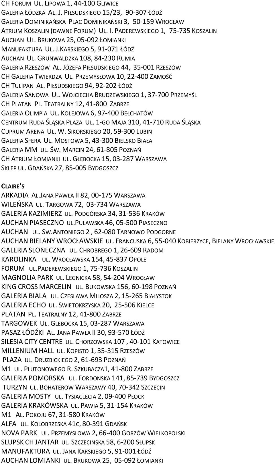 JÓZEFA PIŁSUDSKIEGO 44, 35-001 RZESZÓW CH GALERIA TWIERDZA UL. PRZEMYSŁOWA 10, 22-400 ZAMOŚĆ CH TULIPAN AL. PIŁSUDSKIEGO 94, 92-202 ŁÓDŹ GALERIA SANOWA UL.