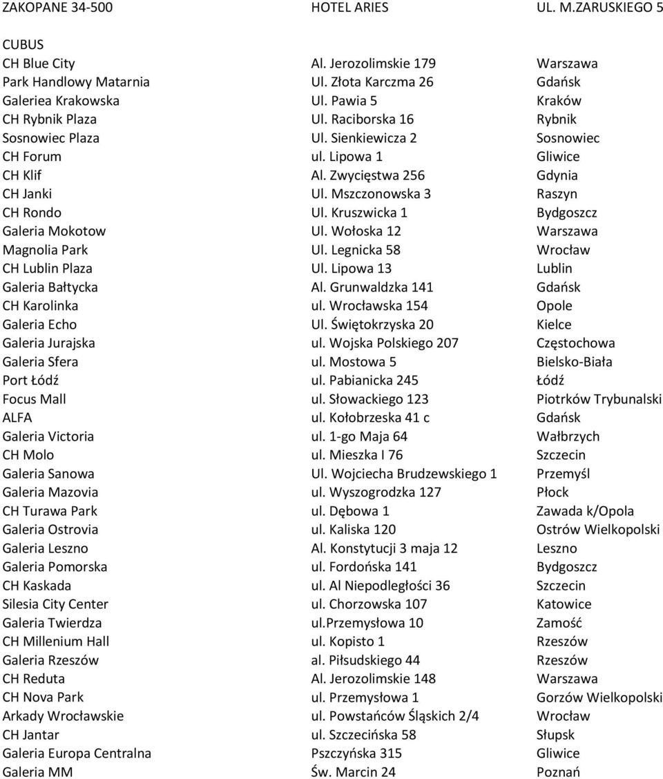 Mszczonowska 3 Raszyn CH Rondo Ul. Kruszwicka 1 Bydgoszcz Galeria Mokotow Ul. Wołoska 12 Warszawa Magnolia Park Ul. Legnicka 58 Wrocław CH Lublin Plaza Ul. Lipowa 13 Lublin Galeria Bałtycka Al.