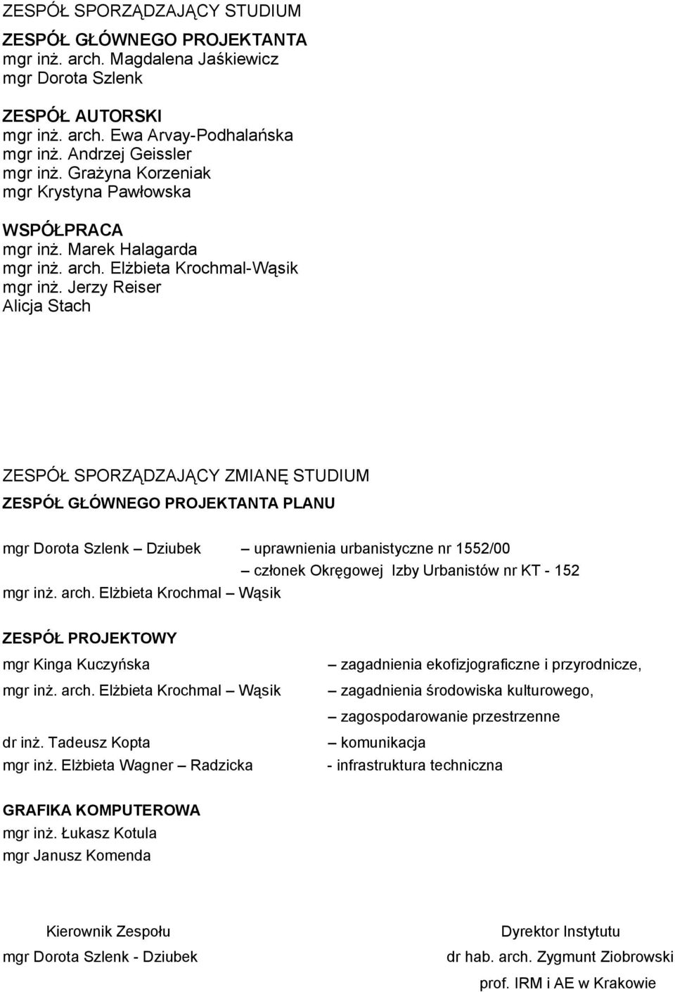 Jerzy Reiser Alicja Stach ZESPÓŁ SPORZĄDZAJĄCY ZMIANĘ STUDIUM ZESPÓŁ GŁÓWNEGO PROJEKTANTA PLANU mgr Dorota Szlenk Dziubek uprawnienia urbanistyczne nr 1552/00 członek Okręgowej Izby Urbanistów nr KT