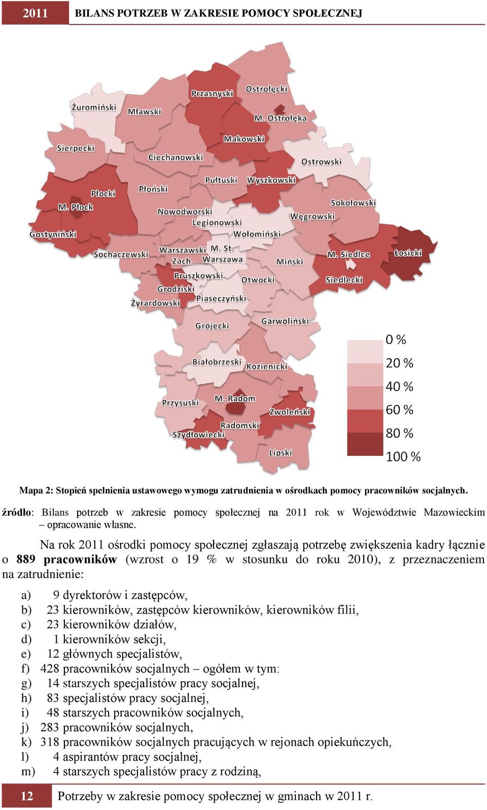 Na rok 2011 ośrodki pomocy społecznej zgłaszają potrzebę zwiększenia kadry łącznie o 889 pracowników (wzrost o 19 % w stosunku do roku 2010), z przeznaczeniem na zatrudnienie: a) 9 dyrektorów i