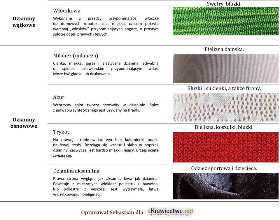 Milanez (milaneza) Cienka, miękka, gęsta i elastyczna dzianina jedwabna o splocie dziewiarskim przypominającym atłas. Może być gładka lub drukowana. Bielizna damska.