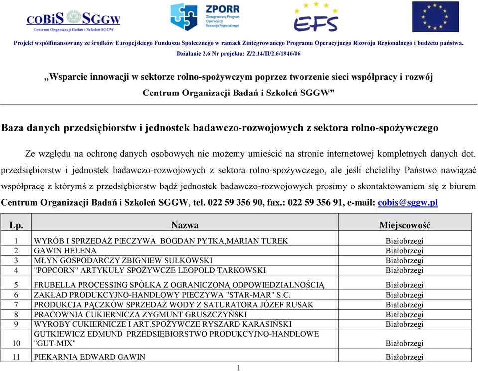 skontaktowaniem się z biurem Centrum Organizacji Badań i Szkoleń SGGW, tel. 022 59 356 90, fax.: 022 59 356 91, e-mail: cobis@sggw.pl Lp.