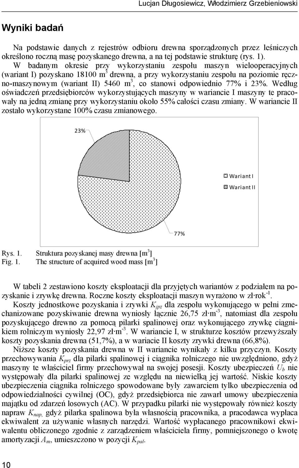 W badanym okresie przy wykorzystaniu zespołu maszyn wielooperacyjnych (wariant I) pozyskano 18100 m 3 drewna, a przy wykorzystaniu zespołu na poziomie ręczno-maszynowym (wariant II) 5460 m 3, co