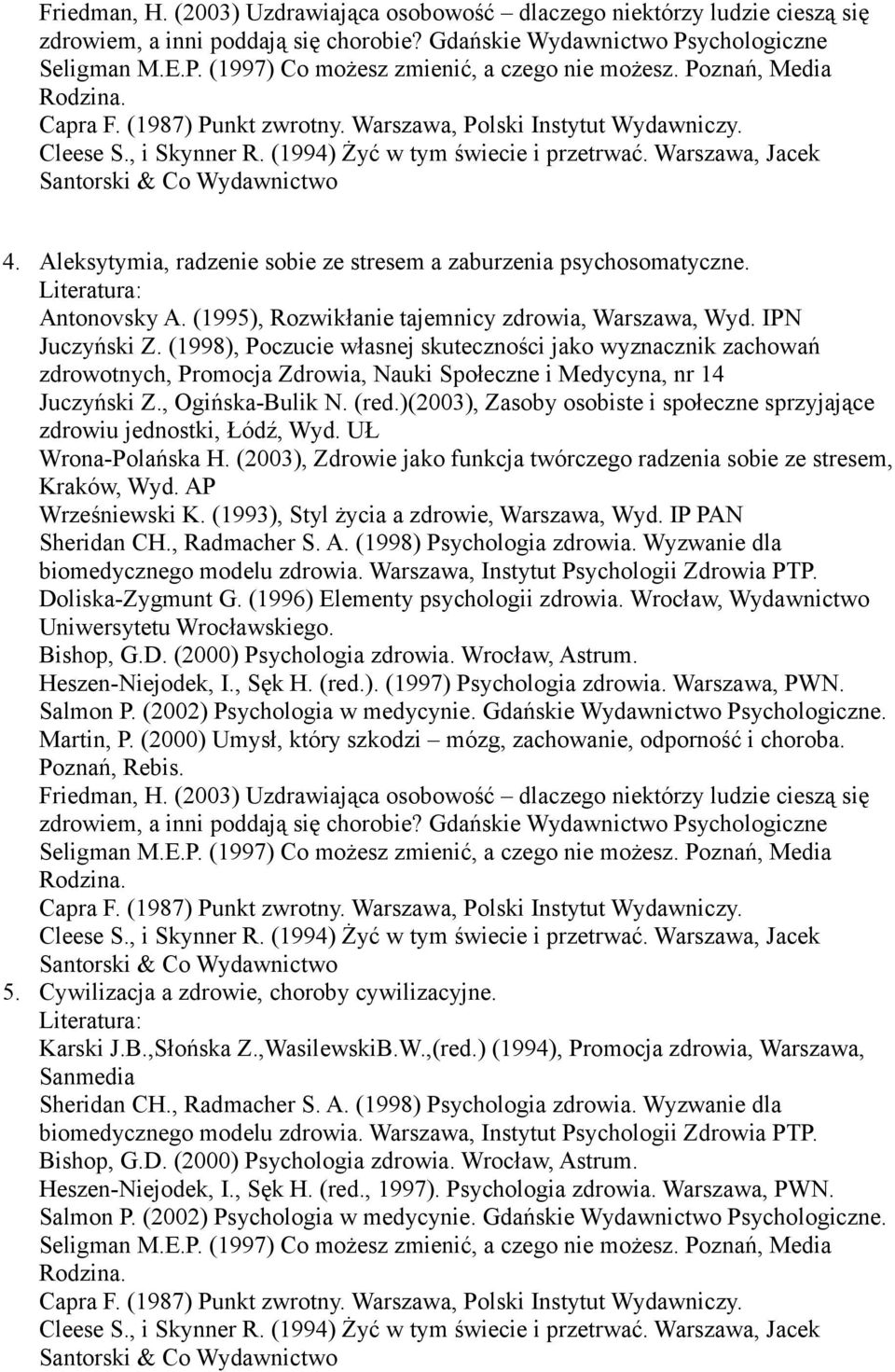 (1998), Poczucie własnej skuteczności jako wyznacznik zachowań Juczyński Z., Ogińska-Bulik N. (red.)(2003), Zasoby osobiste i społeczne sprzyjające Wrona-Polańska H.