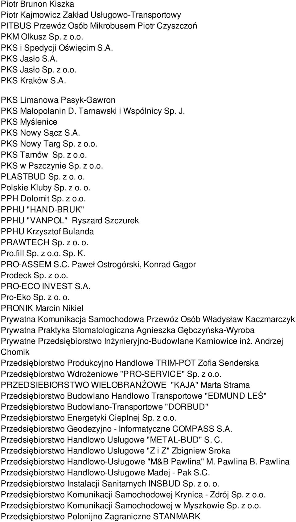 z o. o. Polskie Kluby Sp. z o. o. PPH Dolomit Sp. z o.o. PPHU "HAND-BRUK" PPHU "VANPOL" Ryszard Szczurek PPHU Krzysztof Bulanda PRAWTECH Sp. z o. o. Pro.fill Sp. z o.o. Sp. K. PRO-ASSEM S.C. Paweł Ostrogórski, Konrad Gągor Prodeck Sp.