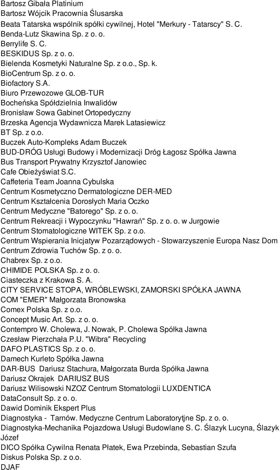 z o.o. Buczek Auto-Kompleks Adam Buczek BUD-DRÓG Usługi Budowy i Modernizacji Dróg Łagosz Spółka Jawna Bus Transport Prywatny Krzysztof Janowiec Ca