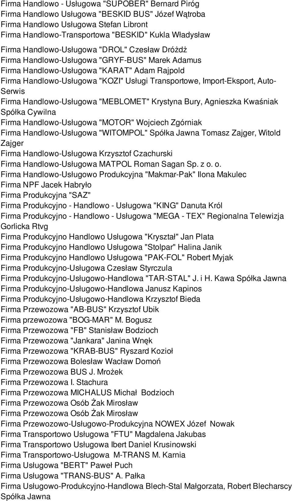 Import-Eksport, Auto- Serwis Firma Handlowo-Usługowa "MEBLOMET" Krystyna Bury, Agnieszka Kwaśniak Spółka Cywilna Firma Handlowo-Usługowa "MOTOR" Wojciech Zgórniak Firma Handlowo-Usługowa "WITOMPOL"