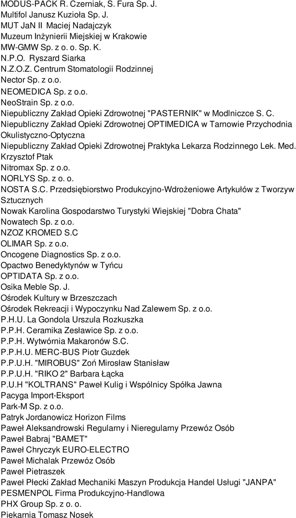 Med. Krzysztof Ptak Nitromax Sp. z o.o. NORLYS Sp. z o. o. NOSTA S.C.