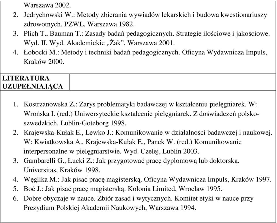 LITERATURA UZUPEŁNIAJĄCA 1. Kostrzanowska Z.: Zarys problematyki badawczej w kształceniu pielęgniarek. W: Wrońska I. (red.) Uniwersyteckie kształcenie pielęgniarek. Z doświadczeń polskoszwedzkich.