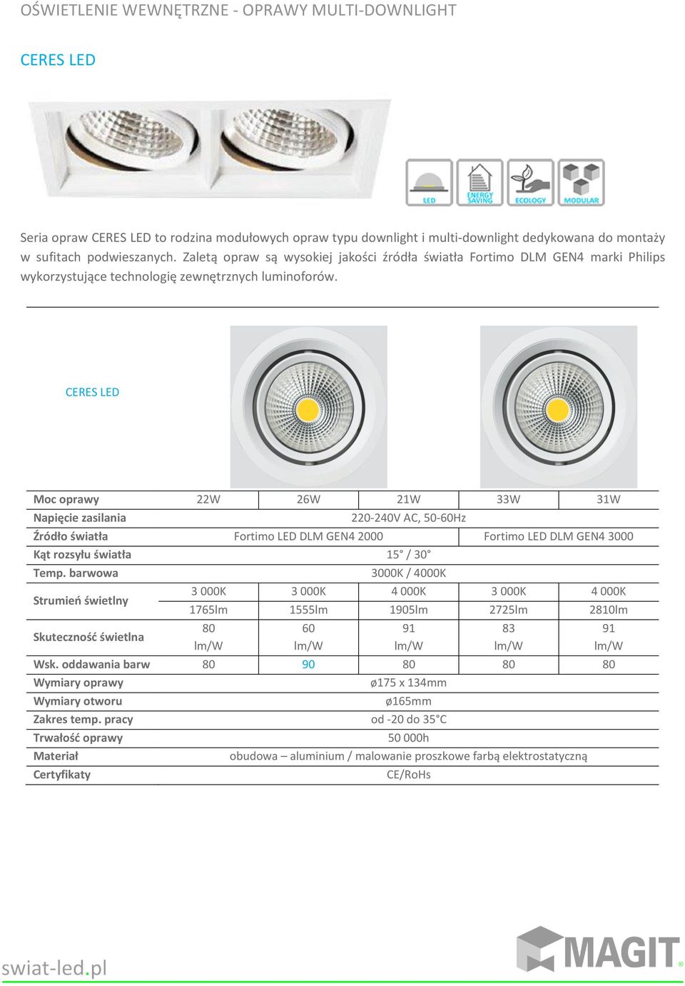 CERES LED Moc oprawy 22W 26W 21W 33W 31W Źródło światła Fortimo LED DLM GEN4 2000 Fortimo LED DLM GEN4 3000 Kąt rozsyłu światła 15 / 30 Strumień świetlny 3000K / 4000K 3 000K 3