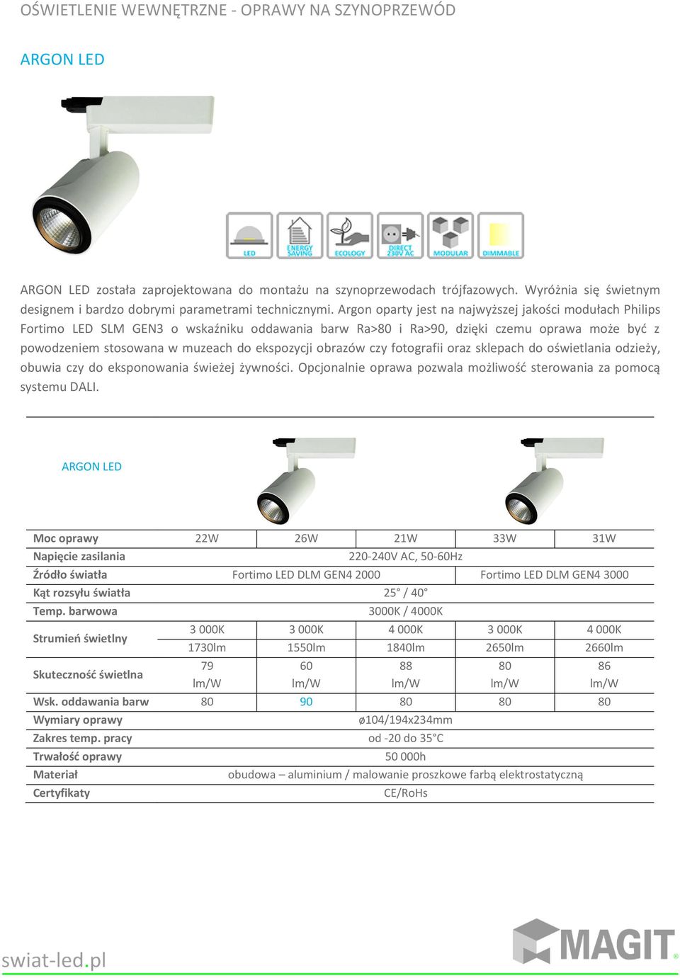 Argon oparty jest na najwyższej jakości modułach Philips Fortimo LED SLM GEN3 o wskaźniku oddawania barw Ra>80 i Ra>90, dzięki czemu oprawa może być z powodzeniem stosowana w muzeach do ekspozycji