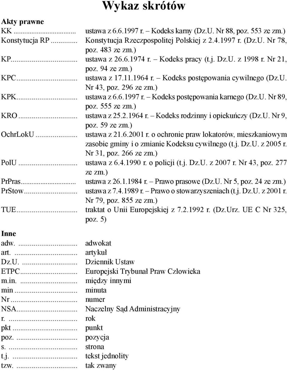 Kodeks postępowania karnego (Dz.U. Nr 89, poz. 555 ze zm.) KRO... ustawa z 25.2.1964 r. Kodeks rodzinny i opiekuńczy (Dz.U. Nr 9, poz. 59 ze zm.) OchrLokU... ustawa z 21.6.2001 r.