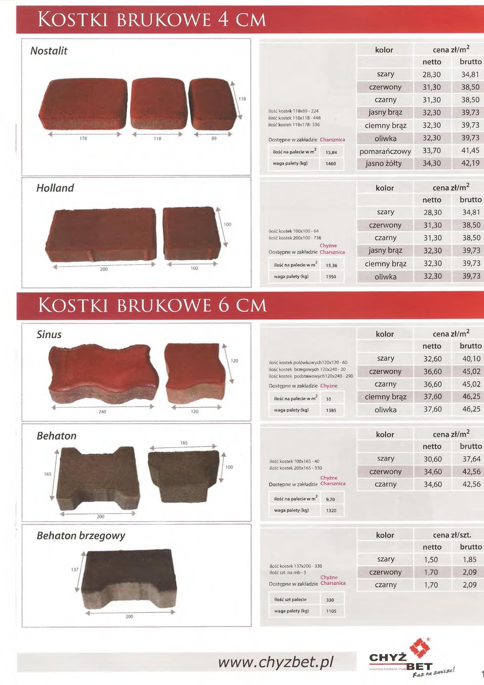 kostek 200x100-736 czerwony 31,30 38,50 czarny 31,30 38,50 Chyżne jasny brąz 32,30 39,73 ilość na palecie w m2 15,36 ciemny brąz 32,30 39,73 waga palety (kg) 1350 oliwka 32,30 39,73 Ko s t k i b r u