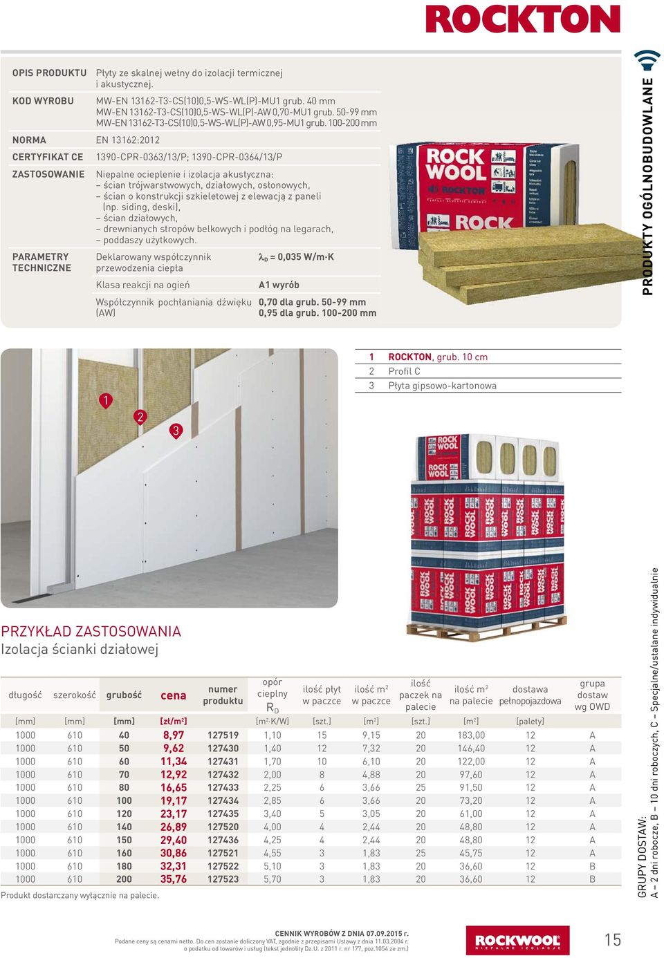 100-200 mm NORMA EN 13162:2012 CERTYFIKAT CE 1390-CPR-0363/13/P; 1390-CPR-0364/13/P ZASTOSOWANIE PARAMETRY TECHNICZNE Niepalne ocieplenie i izolacja akustyczna: ścian trójwarstwowych, działowych,