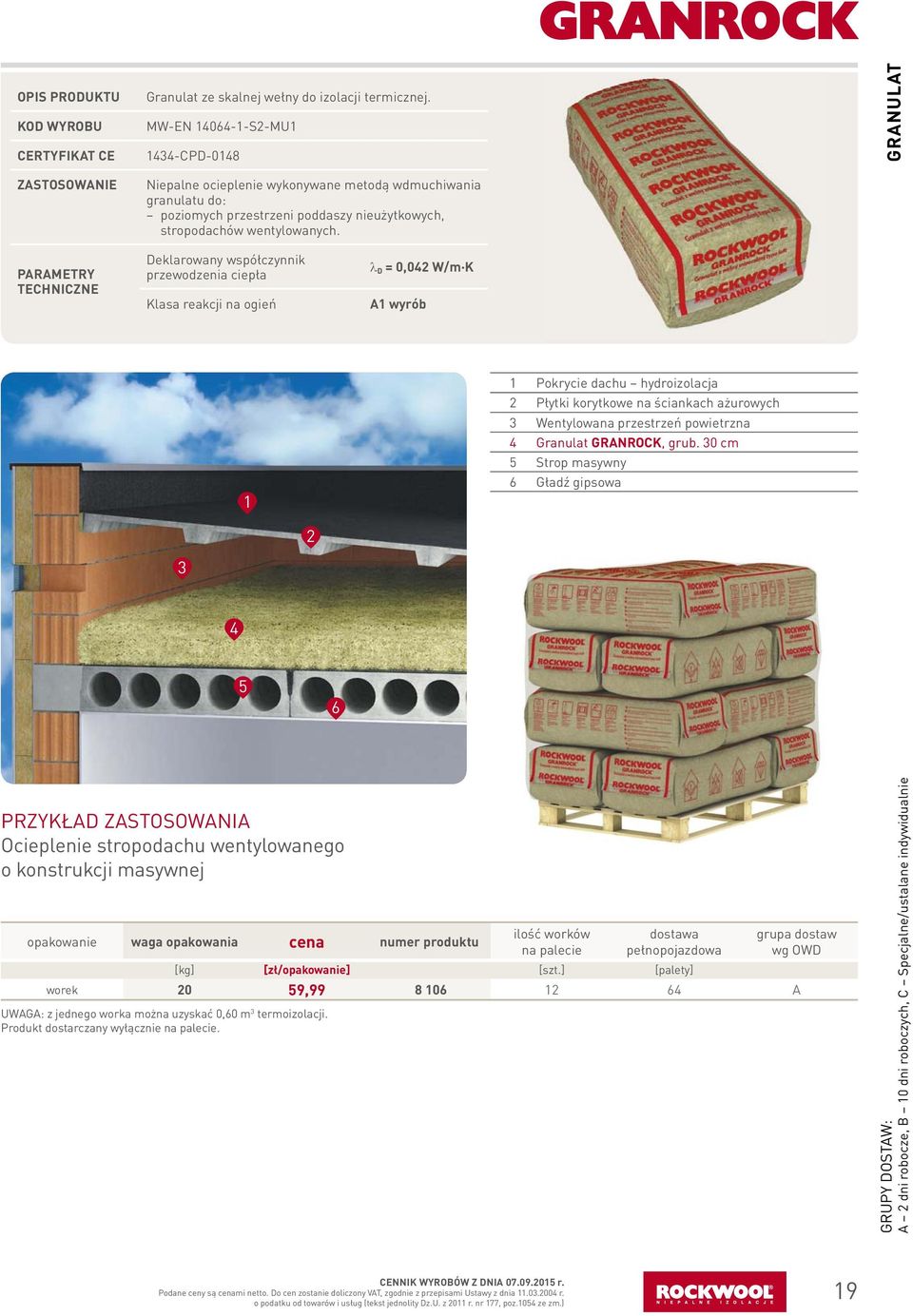GRANULAT PARAMETRY TECHNICZNE Deklarowany współczynnik przewodzenia ciepła Klasa reakcji na ogień D = 0,042 W/m K A1 wyrób 1 1 Pokrycie dachu hydroizolacja 2 Płytki korytkowe na ściankach ażurowych 3