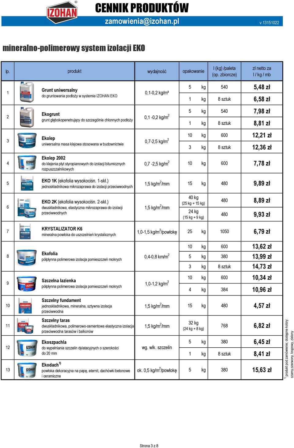 Ekolep 0,-, kg/m uniwersalna masa klejowa stosowana w budownictwie kg 0,8 zł kg 8 sztuk,8 zł kg 0,98 zł kg 8 sztuk 8,8 zł 0 kg 00, zł kg 8 sztuk, zł Ekolep 00 do klejenia płyt styropianowych do