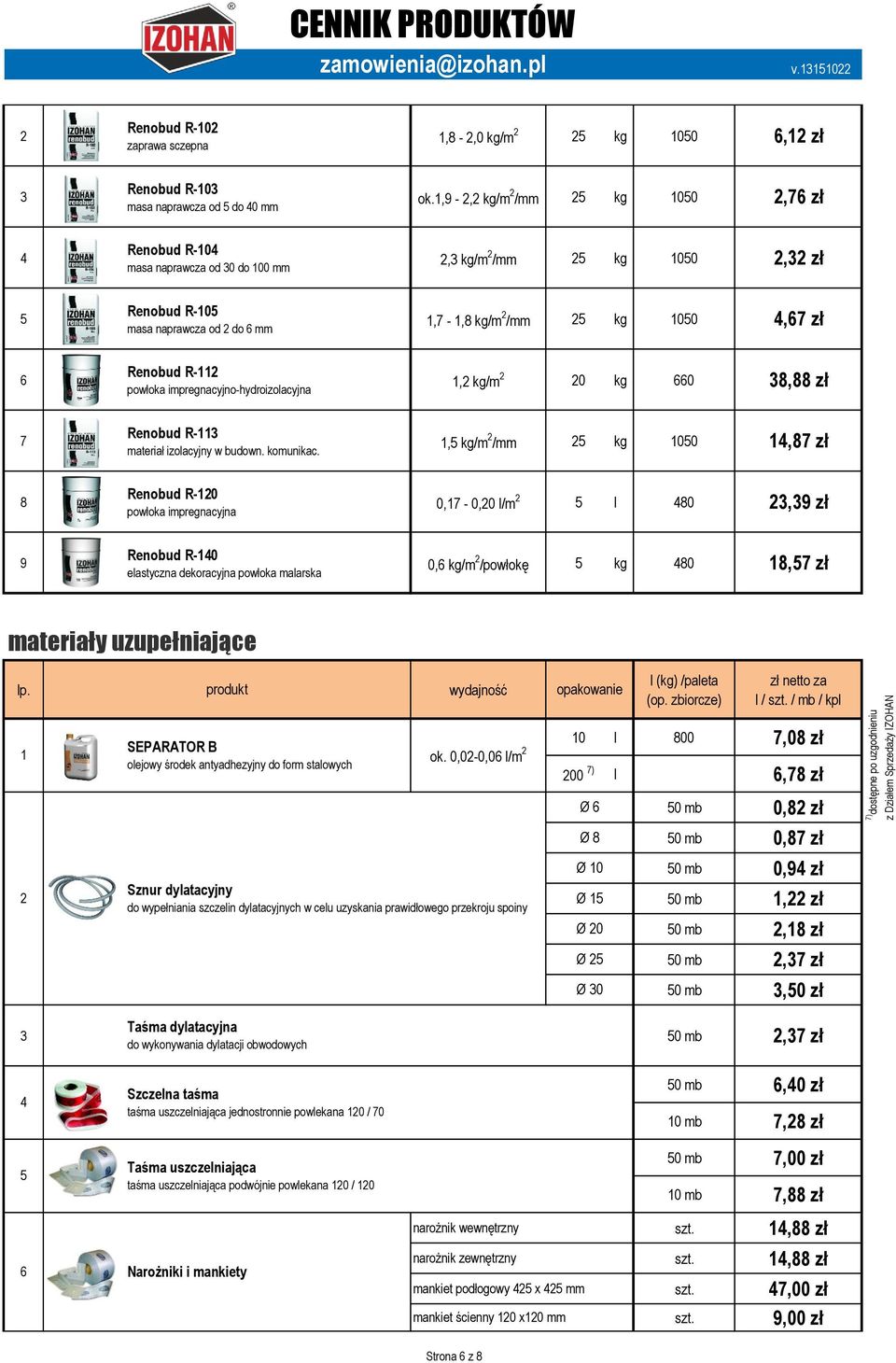 kg/m 0 kg 0 8,88 zł Renobud R- materiał izolacyjny w budown. komunikac.