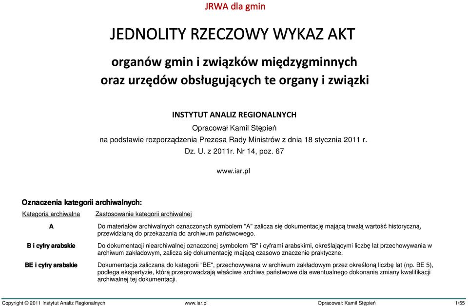 67 Oznaczenia kategorii archiwalnych: Kategoria archiwalna Zastosowanie kategorii B i cyfry arabskie Do materiałów archiwalnych oznaczonych symbolem "" zalicza się dokumentację mającą trwałą wartość