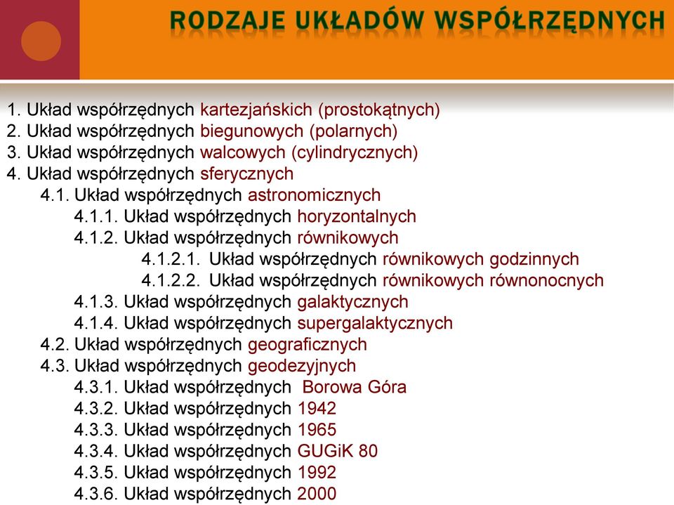 Układ współrzędnych galaktycznych 4.1.4. Układ współrzędnych supergalaktycznych 4.2. Układ współrzędnych geograficznych 4.3. Układ współrzędnych geodezyjnych 4.3.1. Układ współrzędnych Borowa Góra 4.