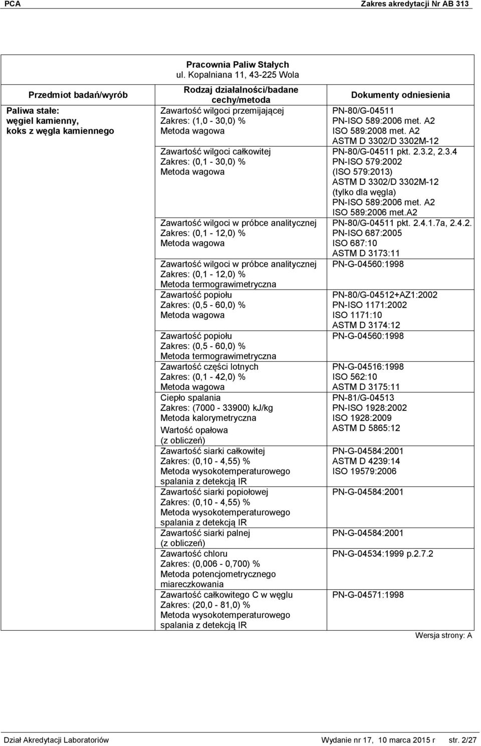 Zawartość wilgoci w próbce analitycznej Zakres: (0,1-12,0) % Metoda termograwimetryczna Zawartość popiołu Zakres: (0,5-60,0) % Zawartość popiołu Zakres: (0,5-60,0) % Metoda termograwimetryczna