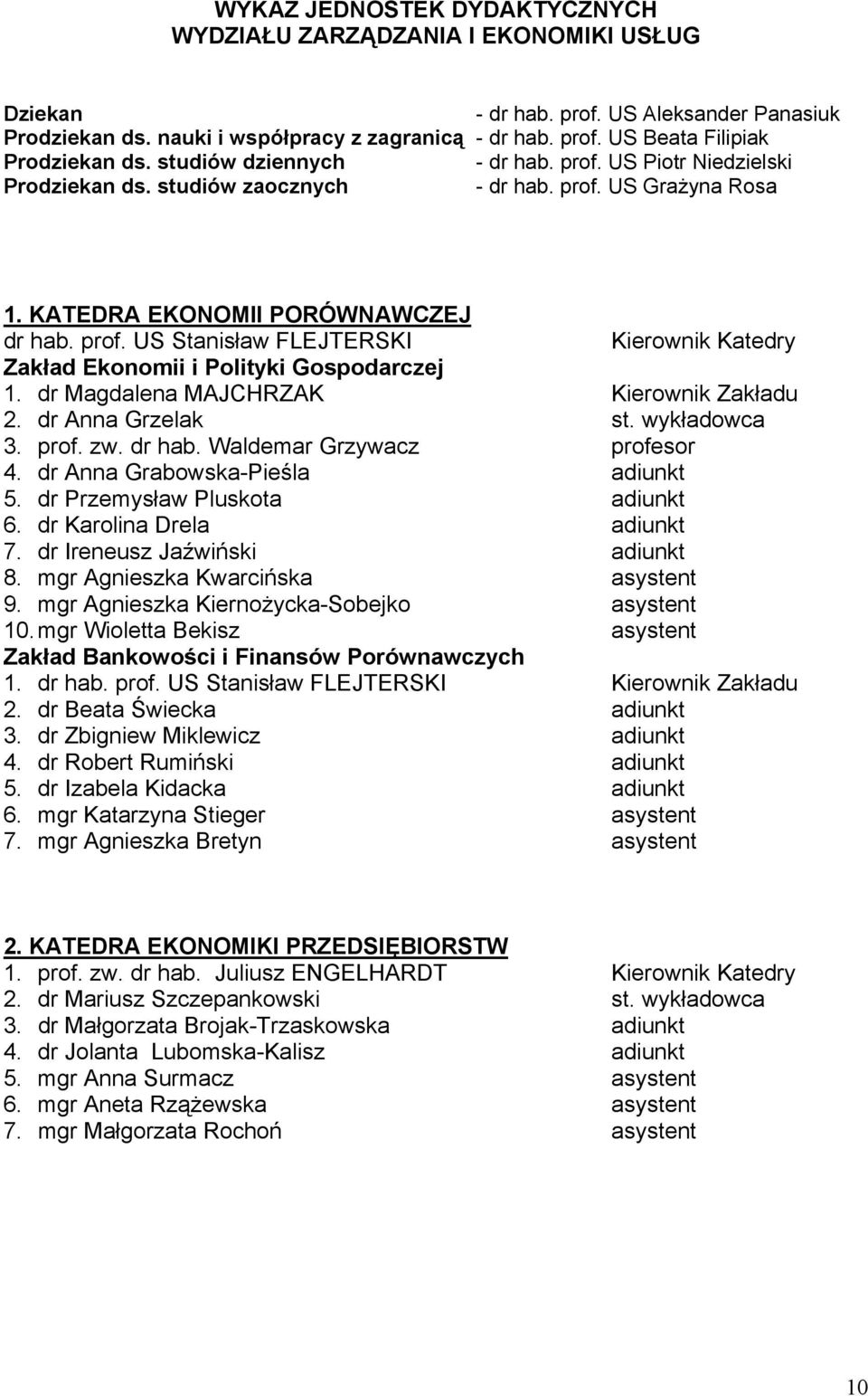 dr Magdalena MAJCHRZAK Kierownik Zakładu 2. dr Anna Grzelak st. wykładowca 3. prof. zw. dr hab. Waldemar Grzywacz profesor 4. dr Anna Grabowska-Pieśla adiunkt 5. dr Przemysław Pluskota adiunkt 6.