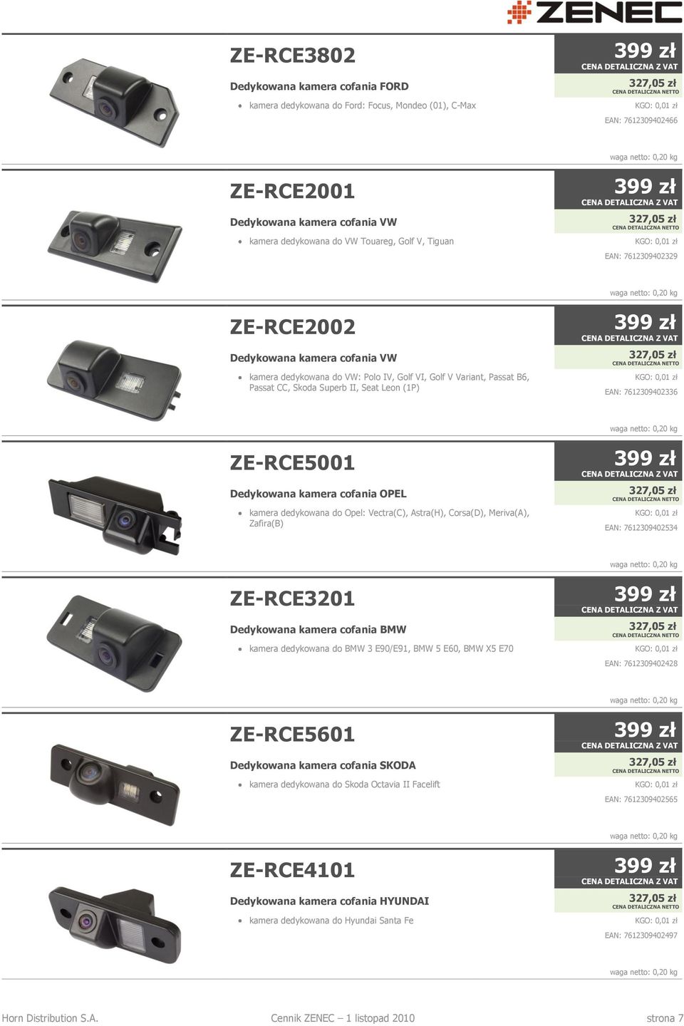 ZE-RCE5001 Dedykowana kamera cofania OPEL kamera dedykowana do Opel: Vectra(C), Astra(H), Corsa(D), Meriva(A), Zafira(B) EAN: 7612309402534 ZE-RCE3201 Dedykowana kamera cofania BMW kamera dedykowana