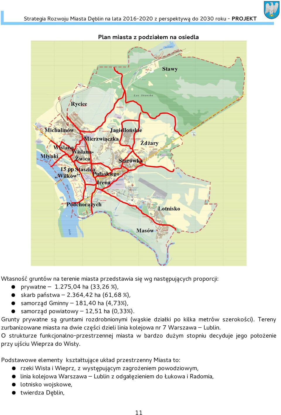 Tereny zurbanizowane miasta na dwie części dzieli linia kolejowa nr 7 Warszawa Lublin.