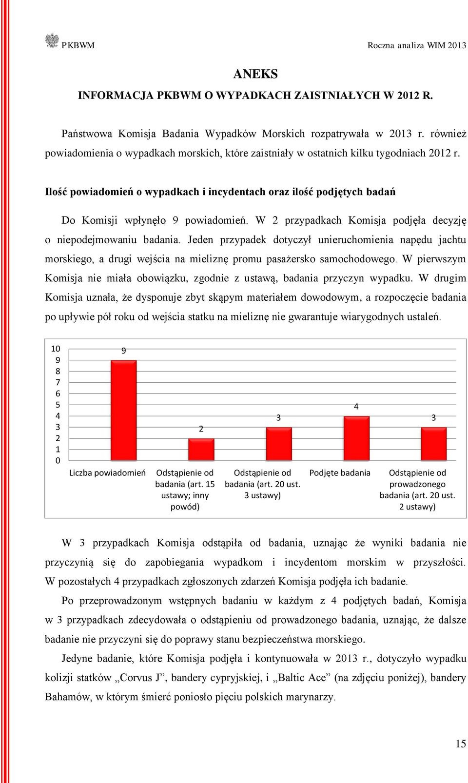 W przypadkach Komisja podjęła decyzję o niepodejmowaniu badania. Jeden przypadek dotyczył unieruchomienia napędu jachtu morskiego, a drugi wejścia na mieliznę promu pasażersko samochodowego.