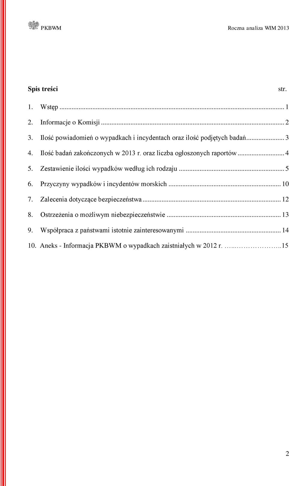 oraz liczba ogłoszonych raportów... 5. Zestawienie ilości wypadków według ich rodzaju... 5. Przyczyny wypadków i incydentów morskich.