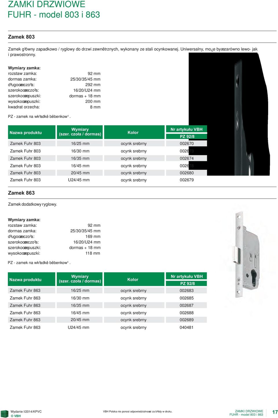 - zamek na wk³adkê bêbenkow¹. Zamek Fuhr 803 Zamek Fuhr 803 Zamek 863 Zamek dodatkowy ryglowy. Wymiary (szer.