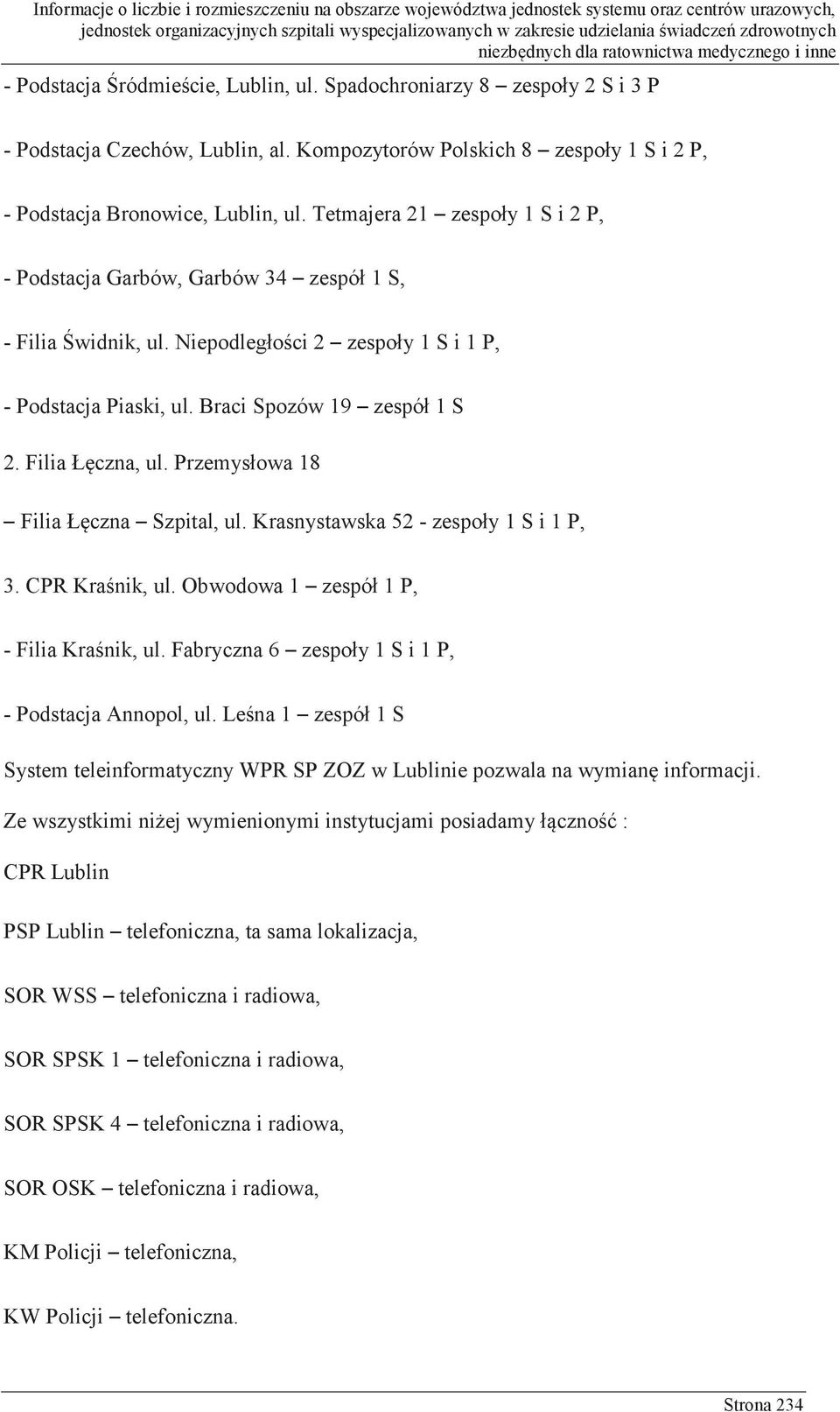 Filia Łęczna, ul. Przemysłowa 18 Filia Łęczna Szpital, ul. Krasnystawska 52 - zespoły 1 S i 1 P, 3. CPR Kraśnik, ul. Obwodowa 1 zespół 1 P, - Filia Kraśnik, ul.