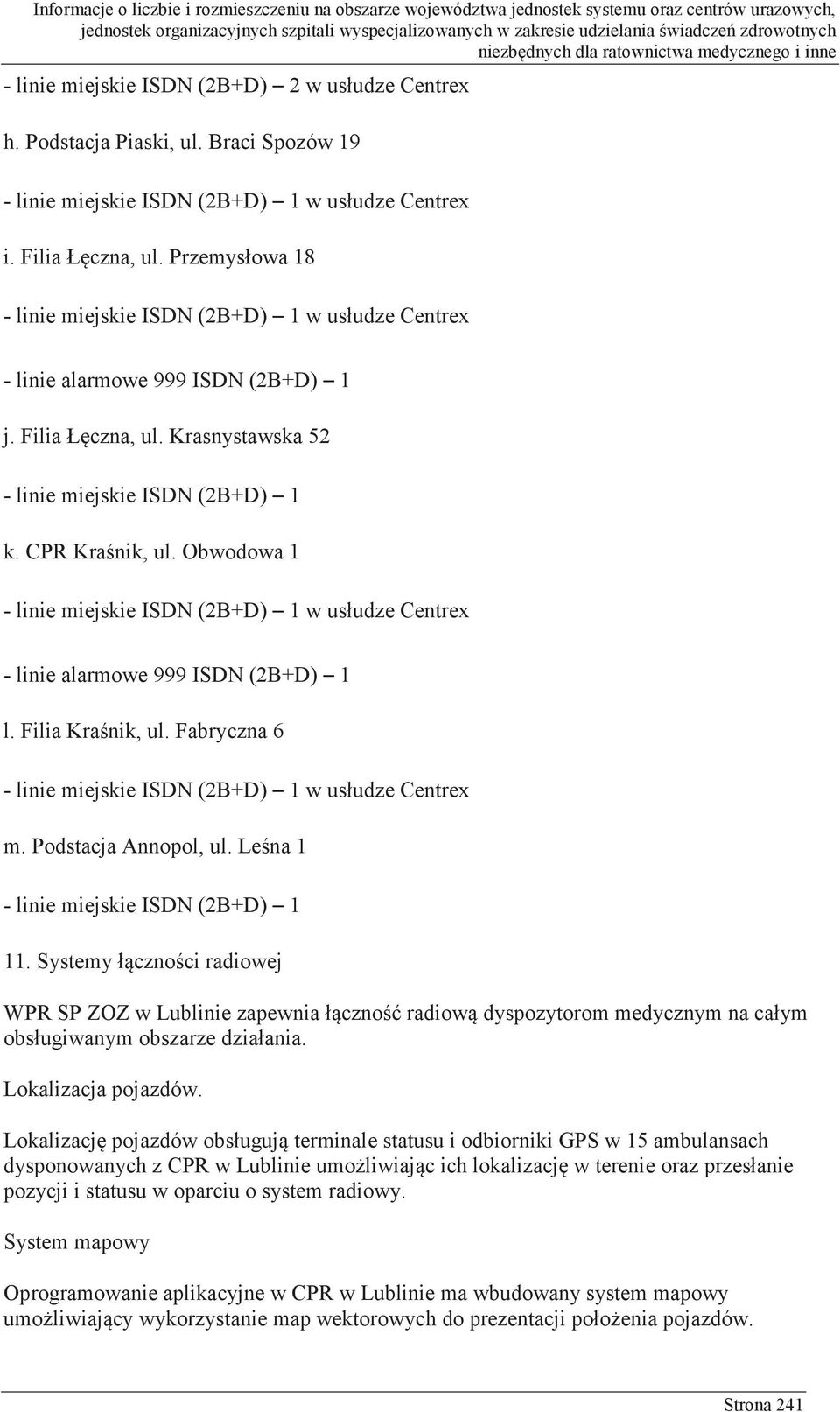 Obwodowa 1 - linie miejskie ISDN (2B+D) 1 w usłudze Centrex - linie alarmowe 999 ISDN (2B+D) 1 l. Filia Kraśnik, ul. Fabryczna 6 - linie miejskie ISDN (2B+D) 1 w usłudze Centrex m.